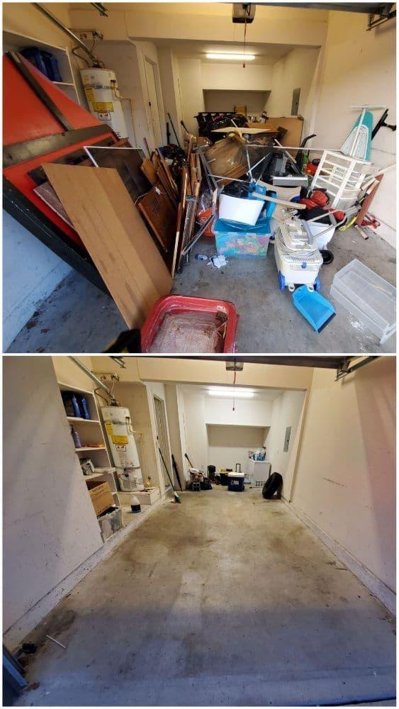 Before and after garage cleanup, showcasing clutter transformation to a clean space.