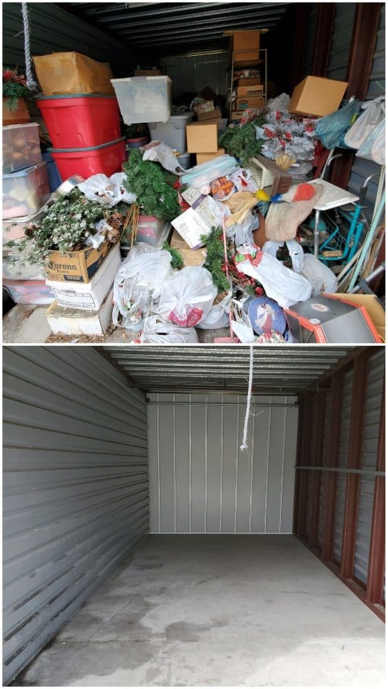 Before and after of a cluttered storage unit cleared out, showing piles of boxes and decor.