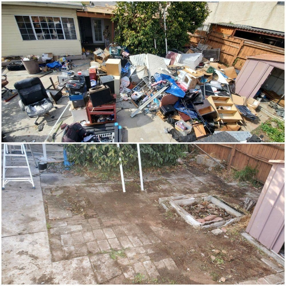 Before and after of a backyard cleanup, showcasing clutter removal and improved space.