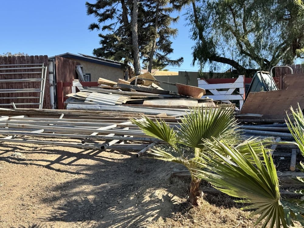 Piled scrap materials and lumber in a sunny yard with palm trees and an outbuilding.