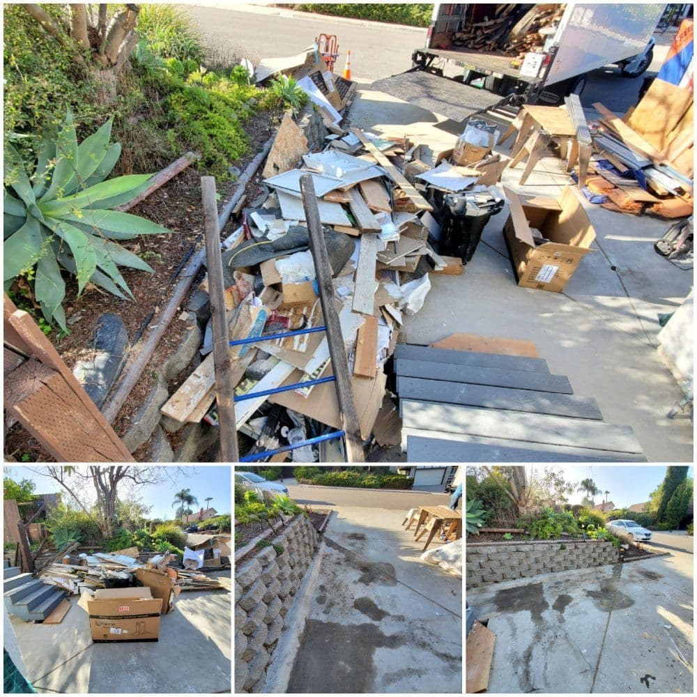 Construction debris and discarded materials scattered in a residential area.